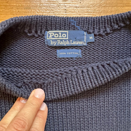 Polo Ralph Lauren vtg dark navy loose knit embroidered cotton sweater SIZE M