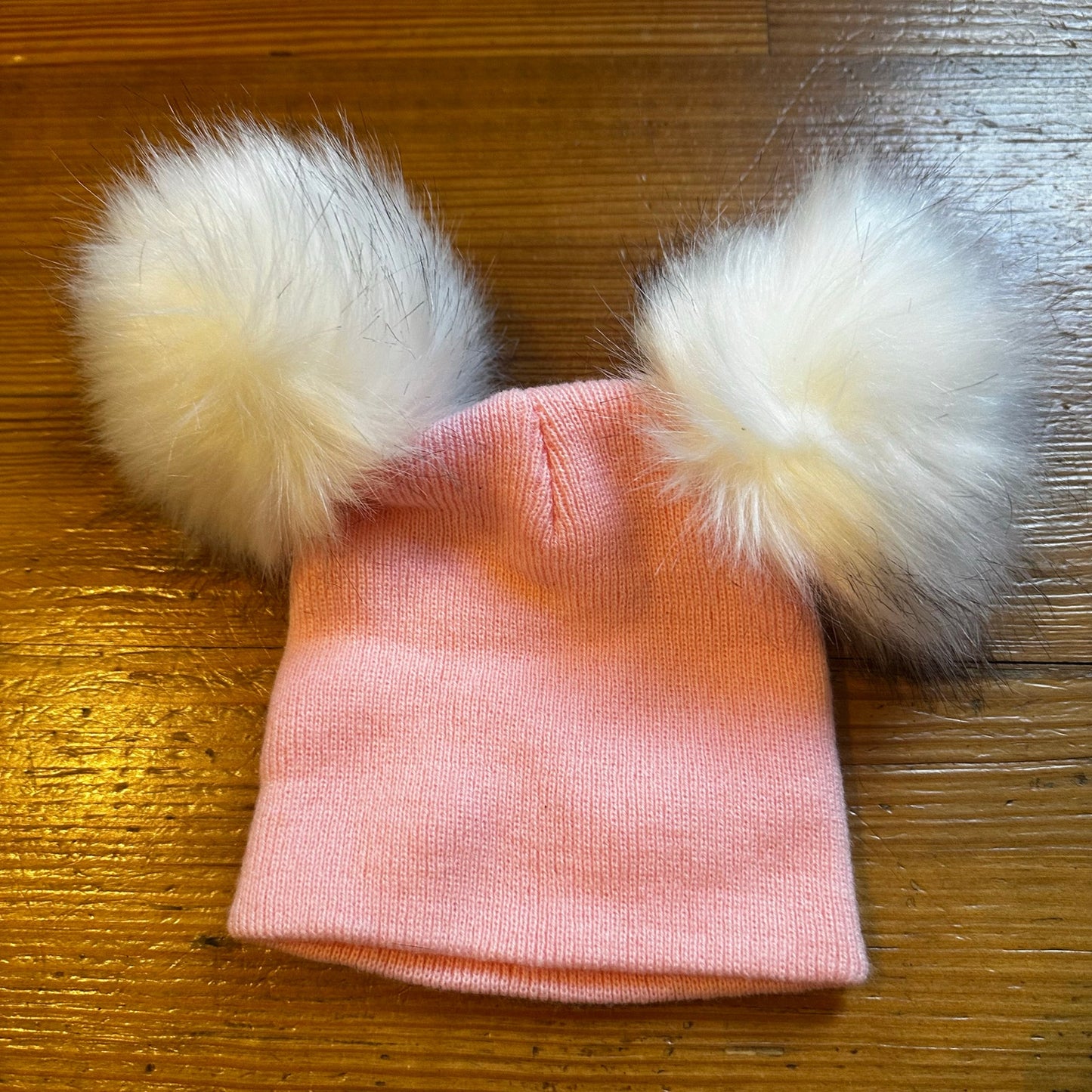 Pink white pom pom ears baby beanie SIZE 6-12M
