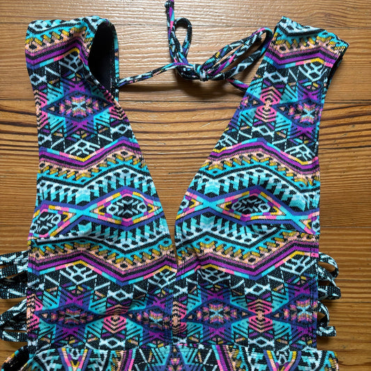 No Boundaries multicolor tribal plunge neckline low back one piece SIZE XL