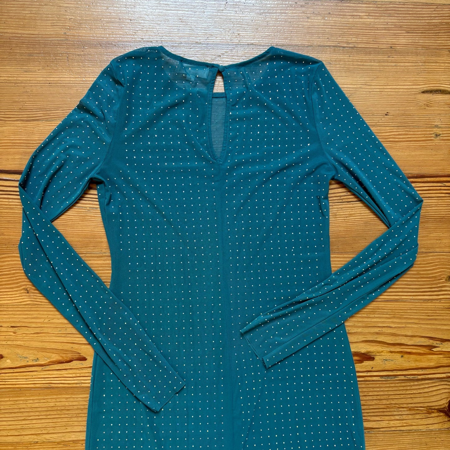 Mable teal blue rhinestone long sleeve sheer maxi dress SIZE L