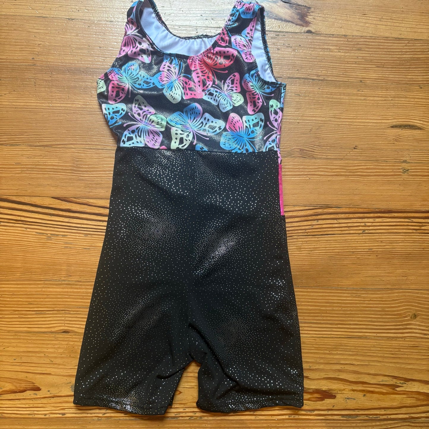 Butterfly pink black glitter sleeveless athletic girls shorts bodysuit SIZE 11