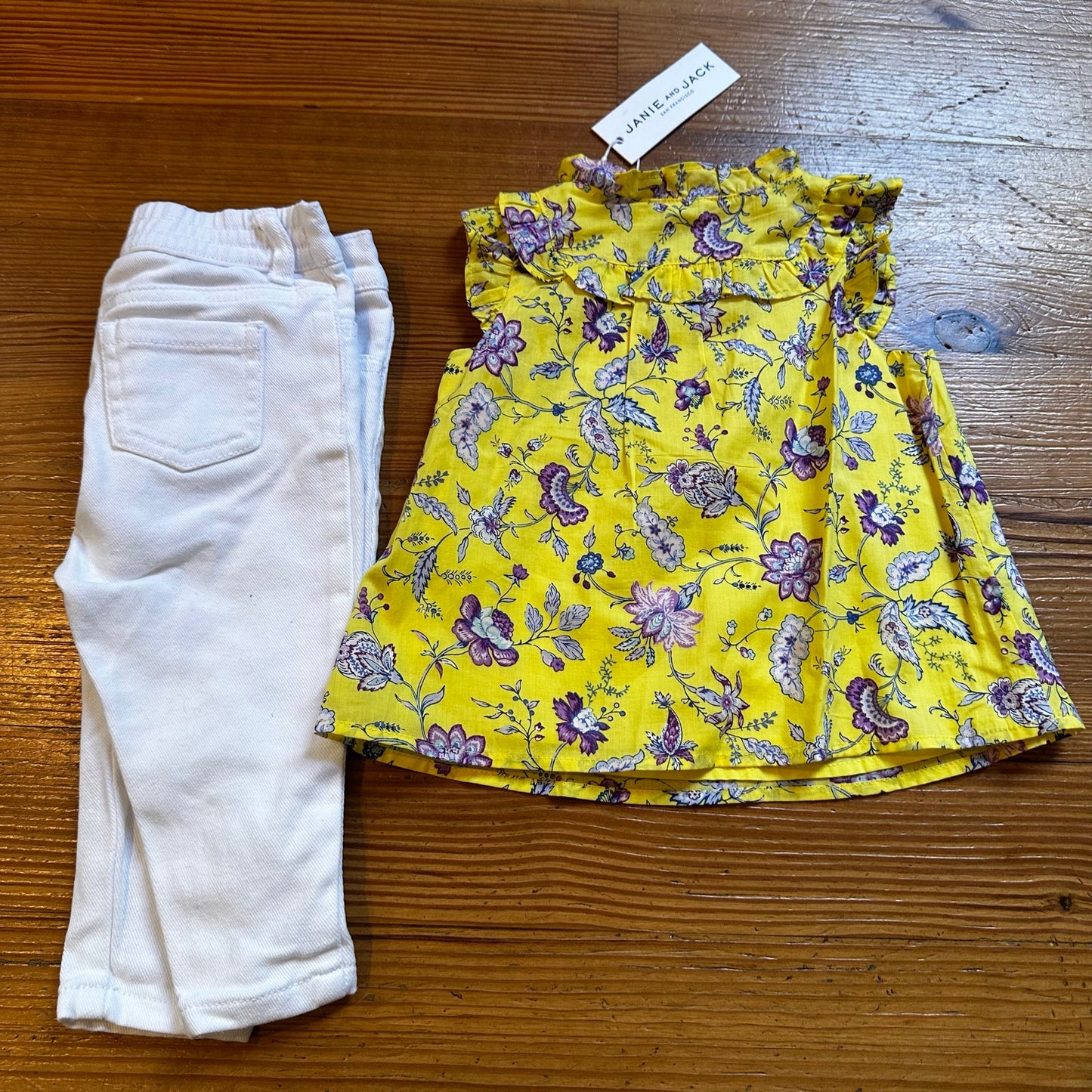 NWT Janie and Jack yellow floral tank top white lace jean set SIZE 12-18M