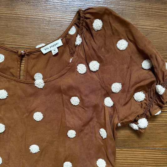 Blu Pepper brown cream textured polka dot tiered puff sleeve dress SIZE M