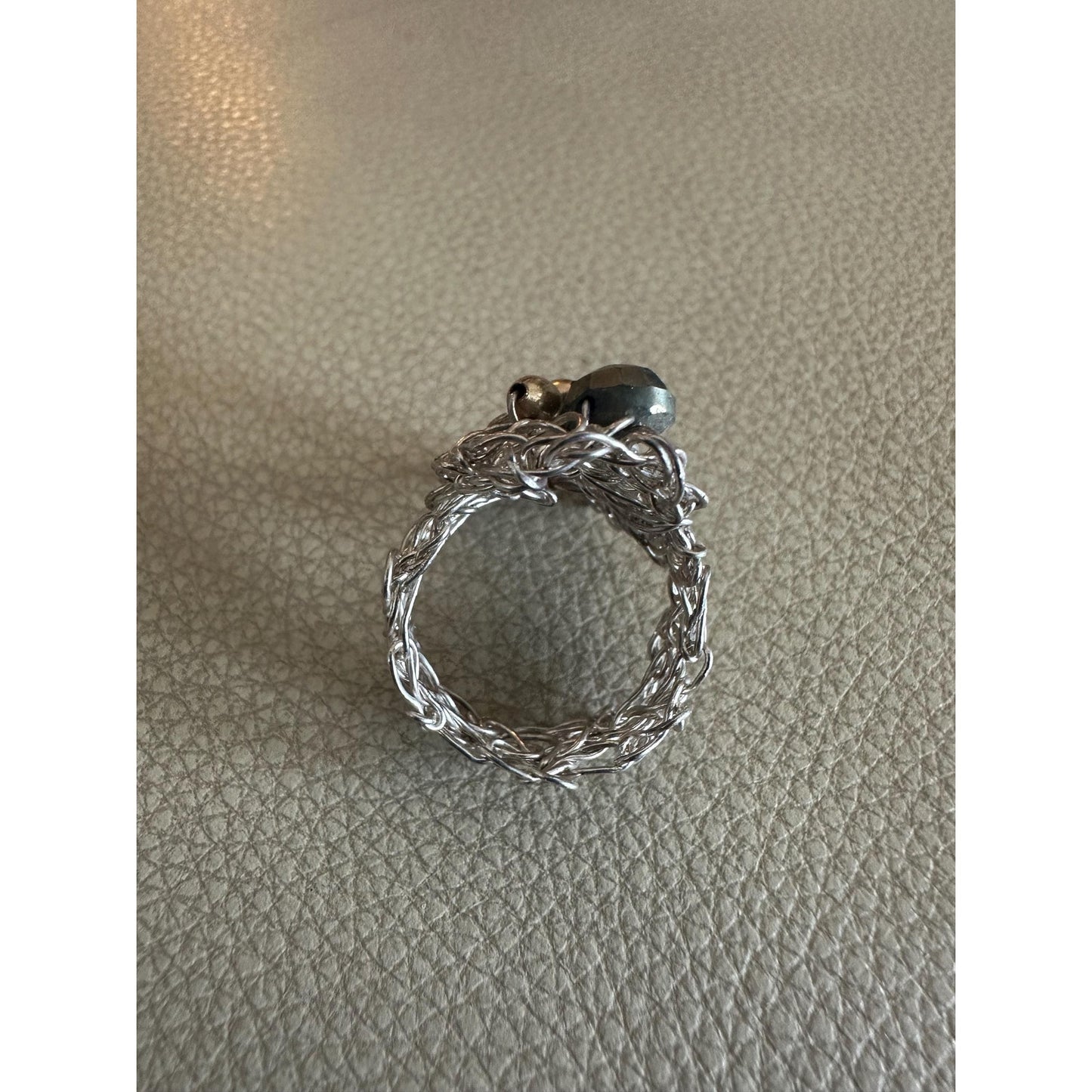 Crochet Fine Silver Wire Ring with Gold Beads and a Hematite Faceted Bead Size 7