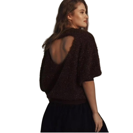 Anthropologie Maeve Violetta brown short sleeve tinsel open back sweater SIZE M