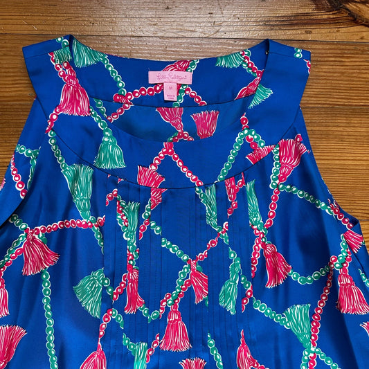 Lilly Pulitzer blue tassel design silk pleated front blouse shirt SIZE M