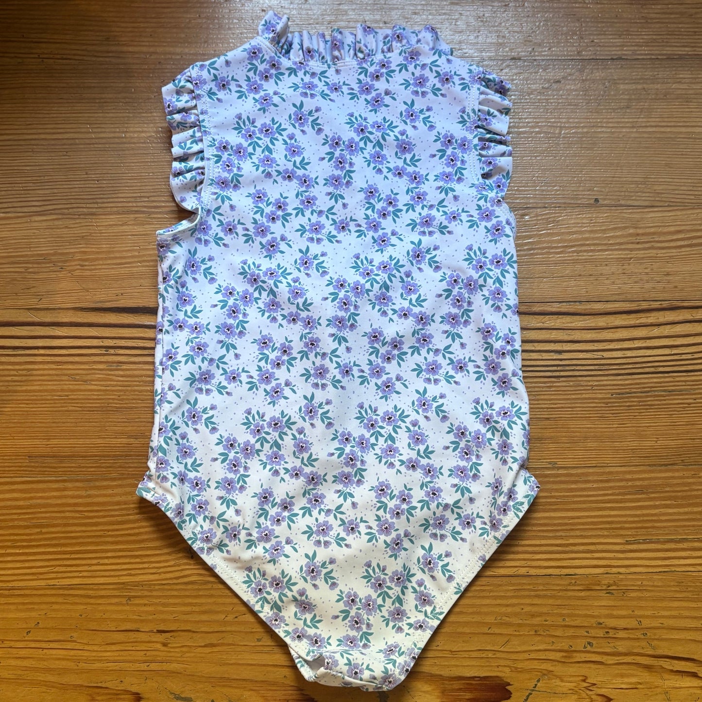 Shein white purple floral ruffle sleeve collar zip front swimsuit SIZE 7