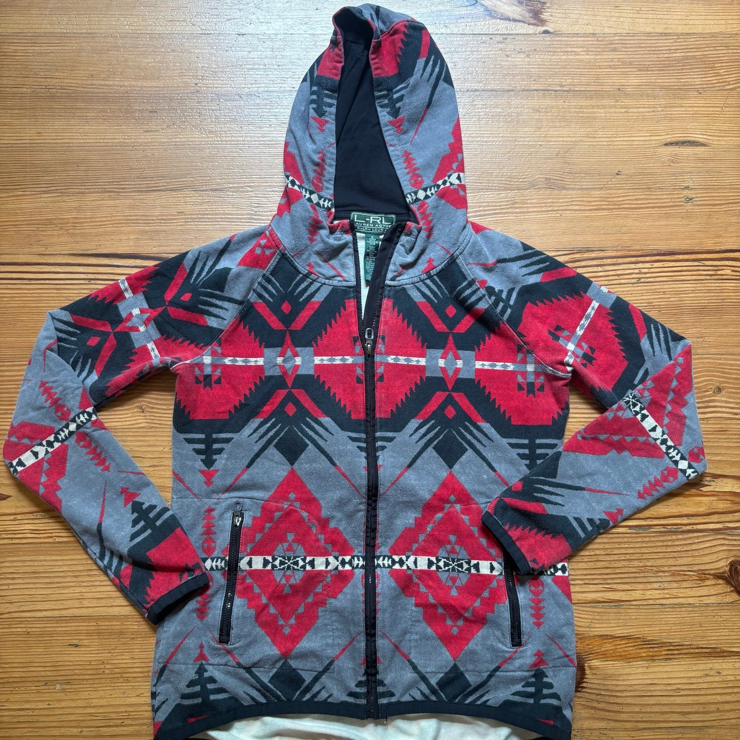 Ralph Lauren active gray red western print full zip hooded sweater SIZE S