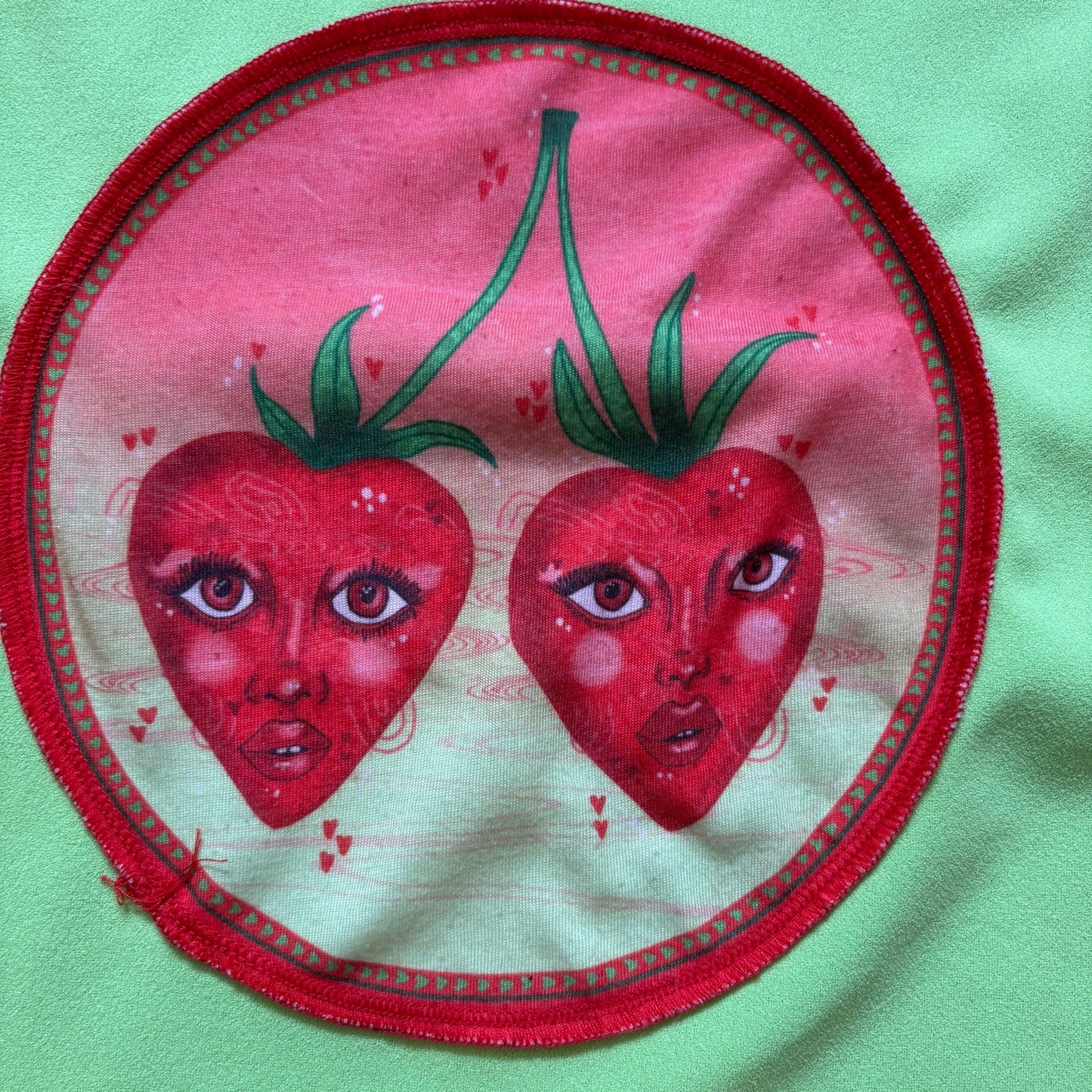Maddie Page Knitwear lime green red strawberry face sheer sleeve shirt SIZE M