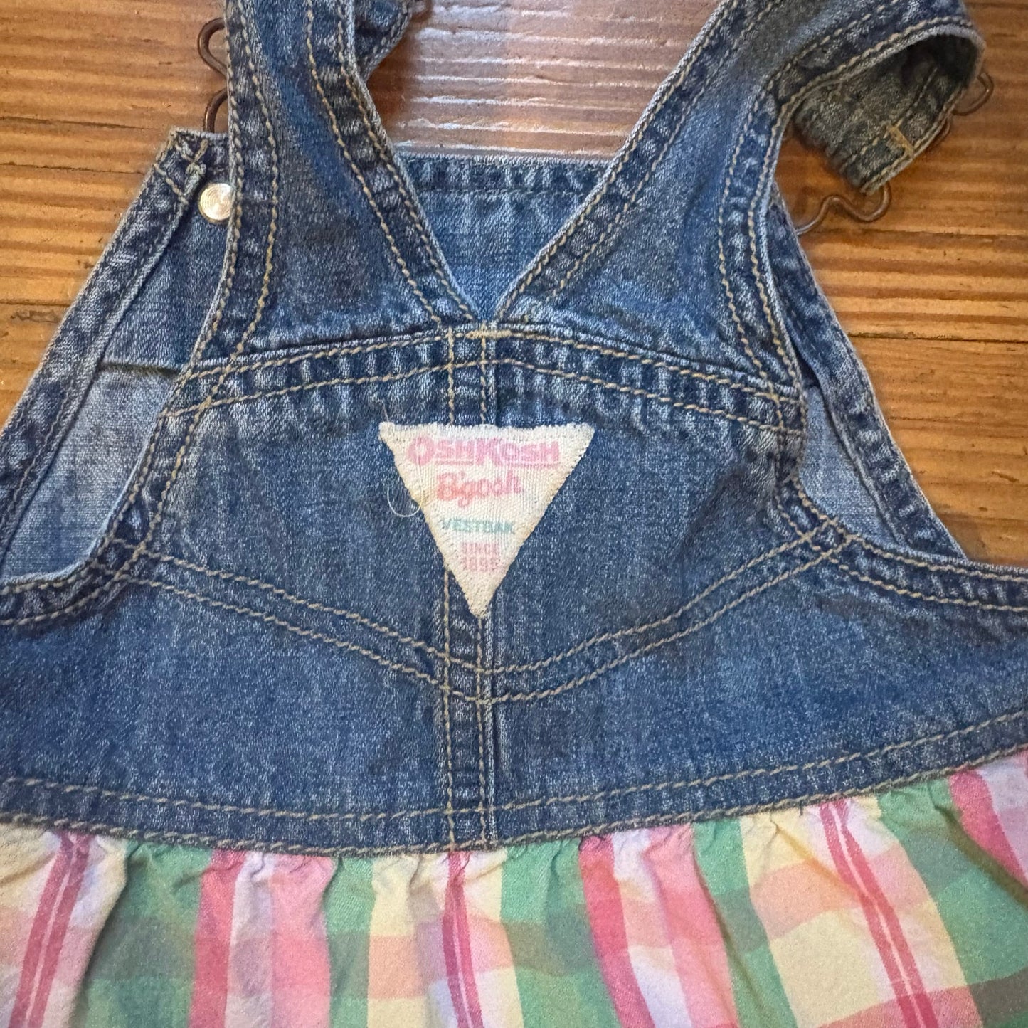 OshKosh B'gosh 90s blue jean pink green plaid baby overall ruffle skirt SIZE 12M