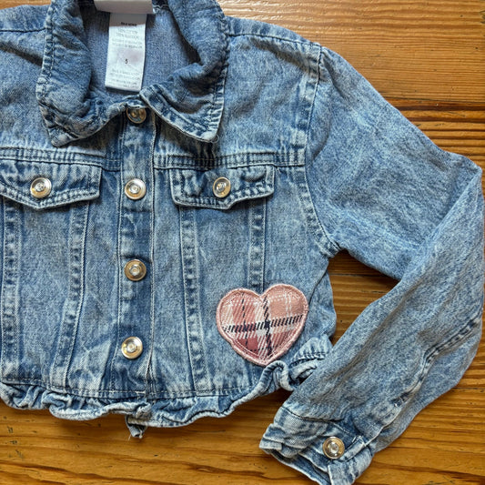 Little Lass medium wash embroidered heart cropped ruffle trim jean jacket SIZE 5