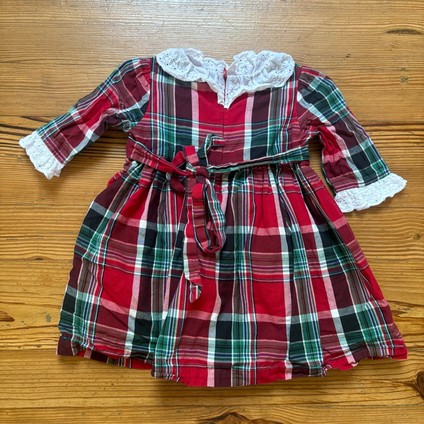 Me Me red green Christmas plaid lace collar long sleeve toddler dress SIZE 2T