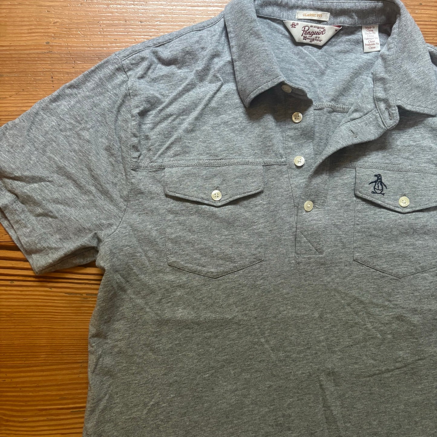 Original Penguin gray cotton henley short sleeve double pocket polo shirt SIZE M