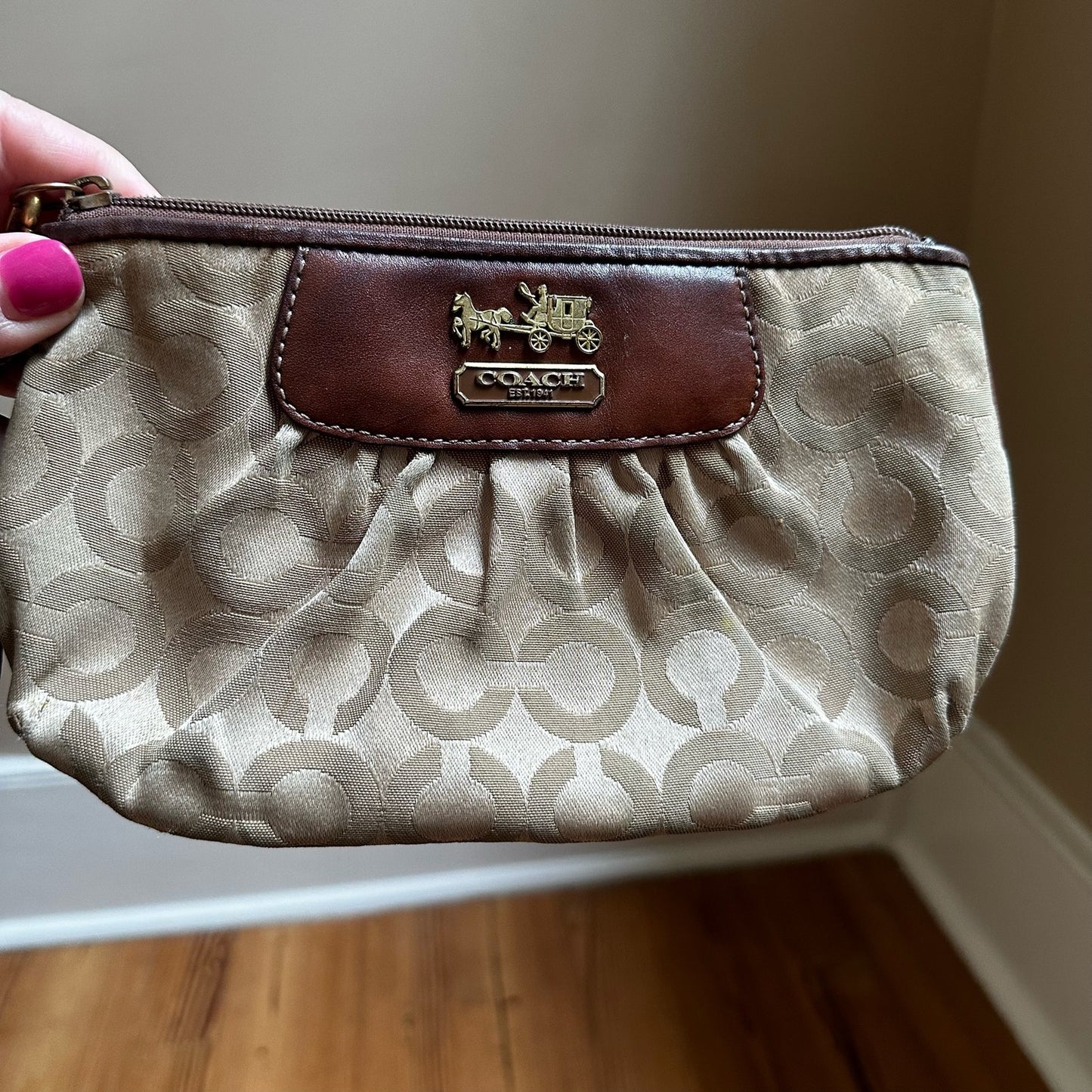 Coach brown leather canvas signature C wristlet