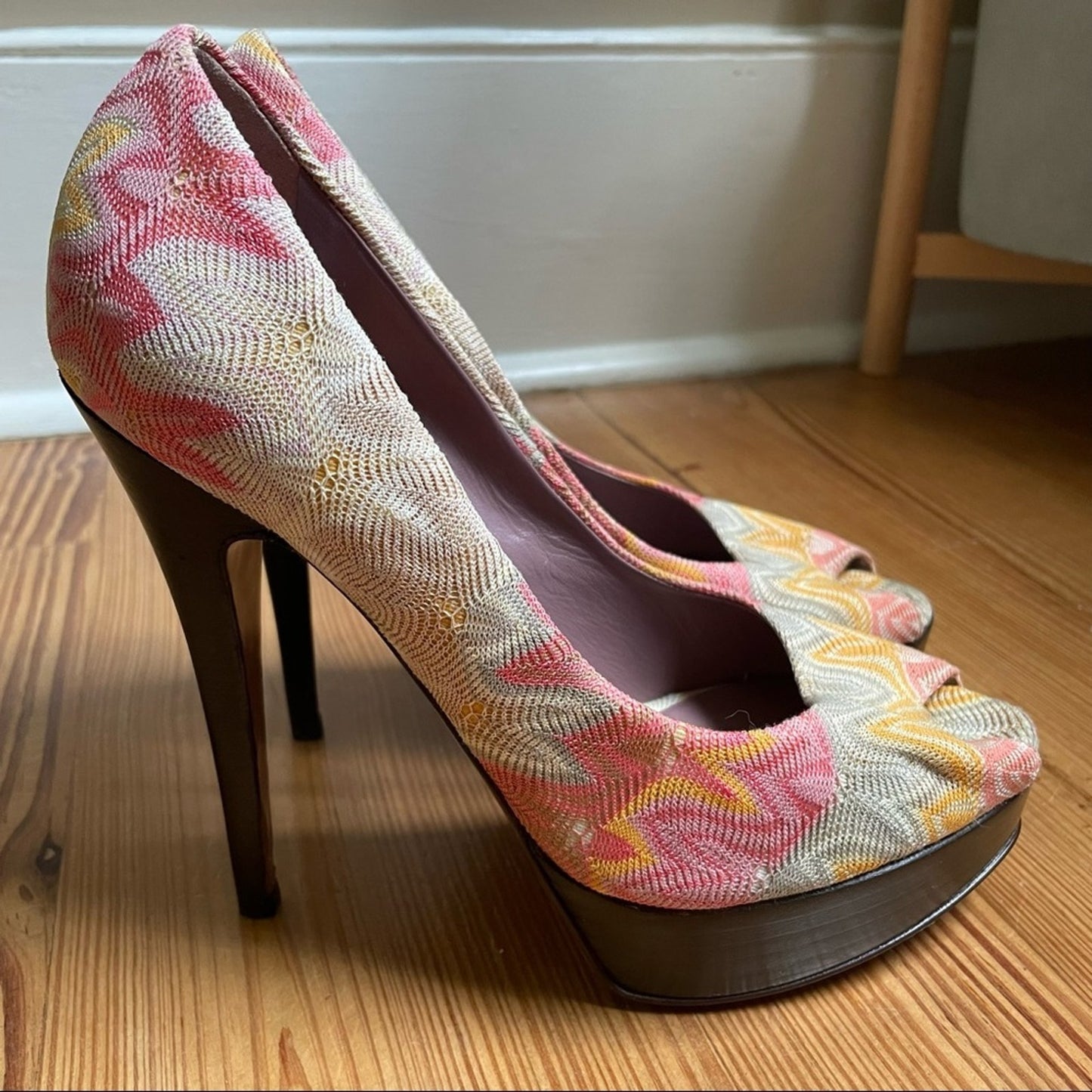 Missoni multicolor knit textile peep toe heeled platform pumps SIZE 38
