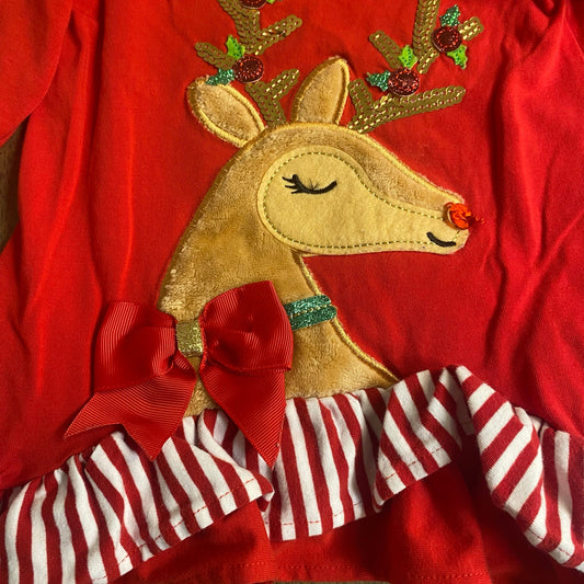 Rare Editions red Christmas reindeer ruffle long sleeve shirt SIZE 2T