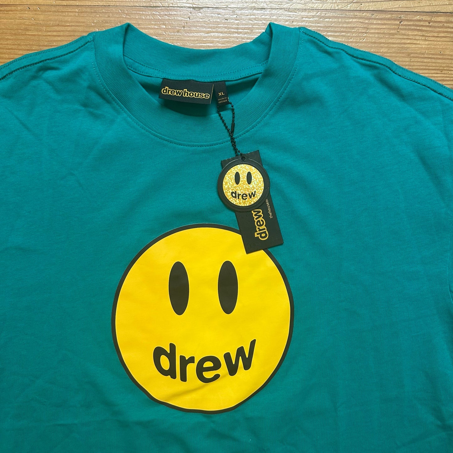 NWT Drew House teal yellow smily face short sleeve graphic shirt SIZE XL