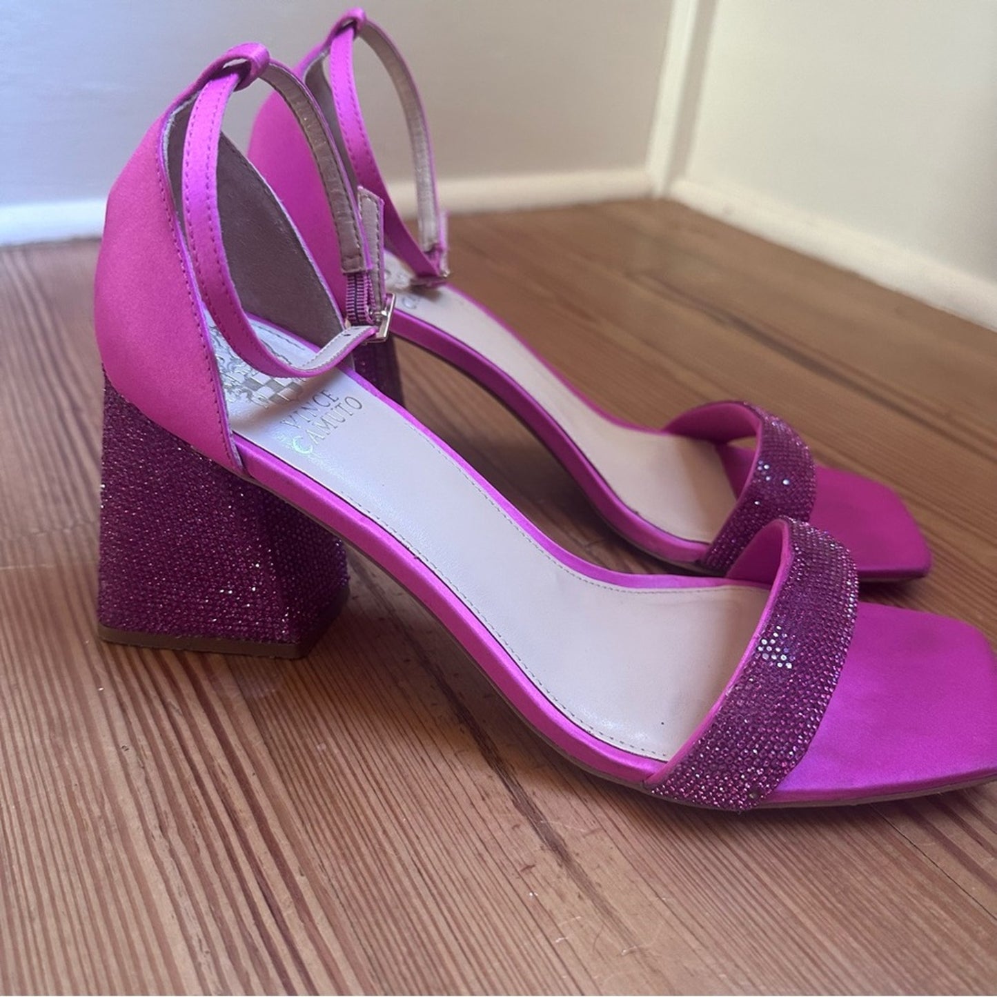 Vince Camuto hot pink rhinestone block heel ankle strap shoes SIZE 9.5