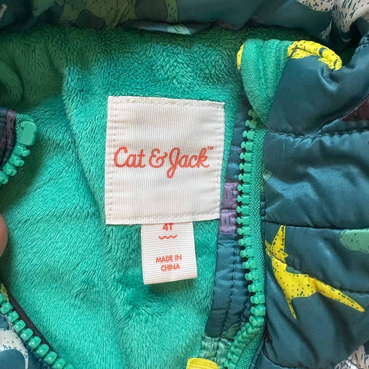 Cat & Jack green colorful dinosaur full zip puffer toddler coat SIZE 4T
