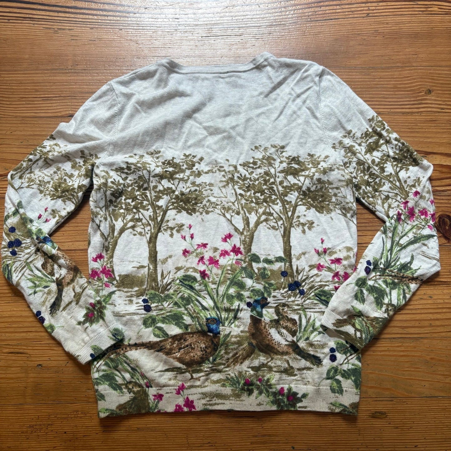 Talbots beige pheasant quail garden graphic cardigan sweater SIZE XS