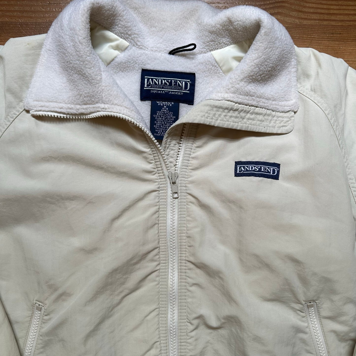 Lands' End vintage cream fleece lined full zip high collar bomber jacket SIZE M