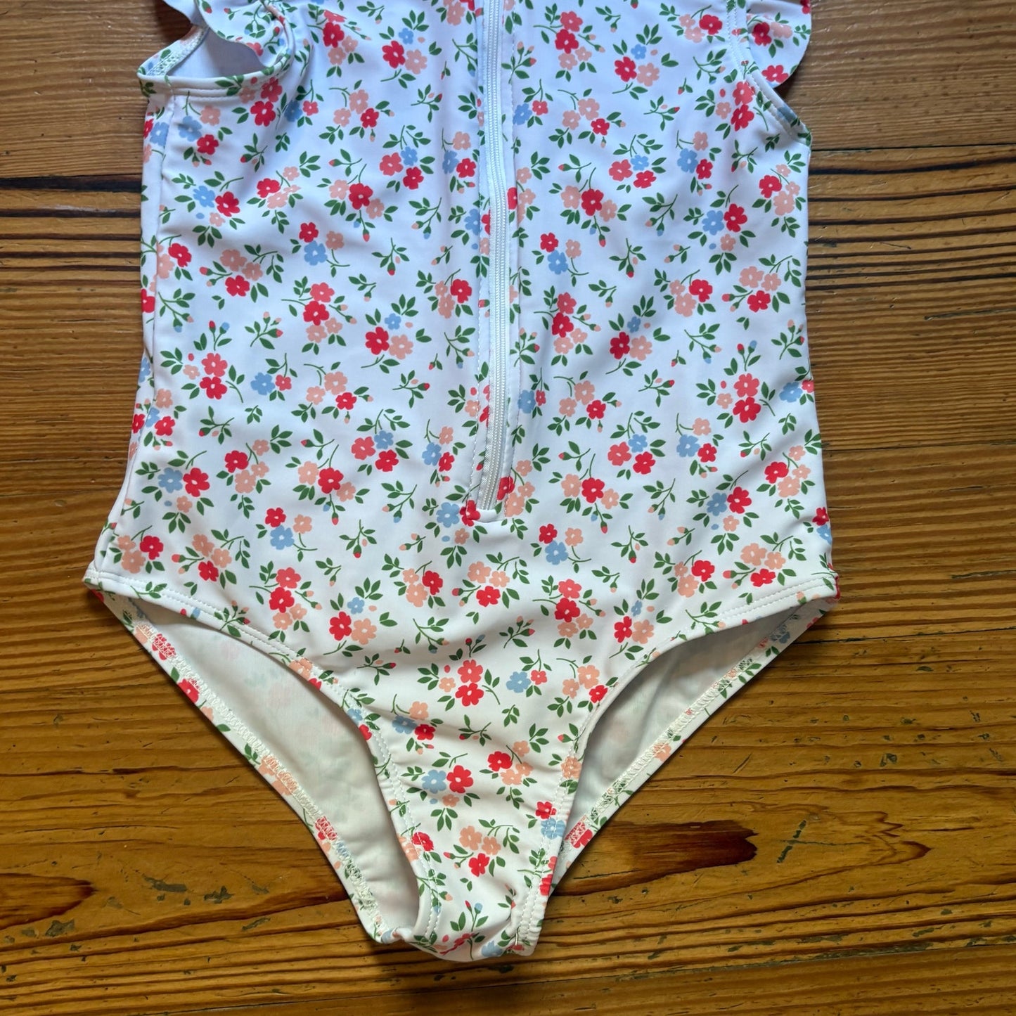 Shein white red pink floral ruffle sleeveless zip front swimsuit SIZE 7