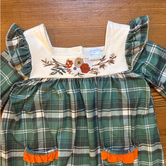 Boutique green plaid floral embroidered ruffle long sleeve dress SIZE 4