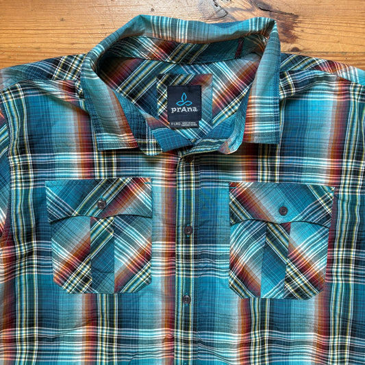 PrAna blue brown plaid short sleeve button up mens shirt SIZE XL