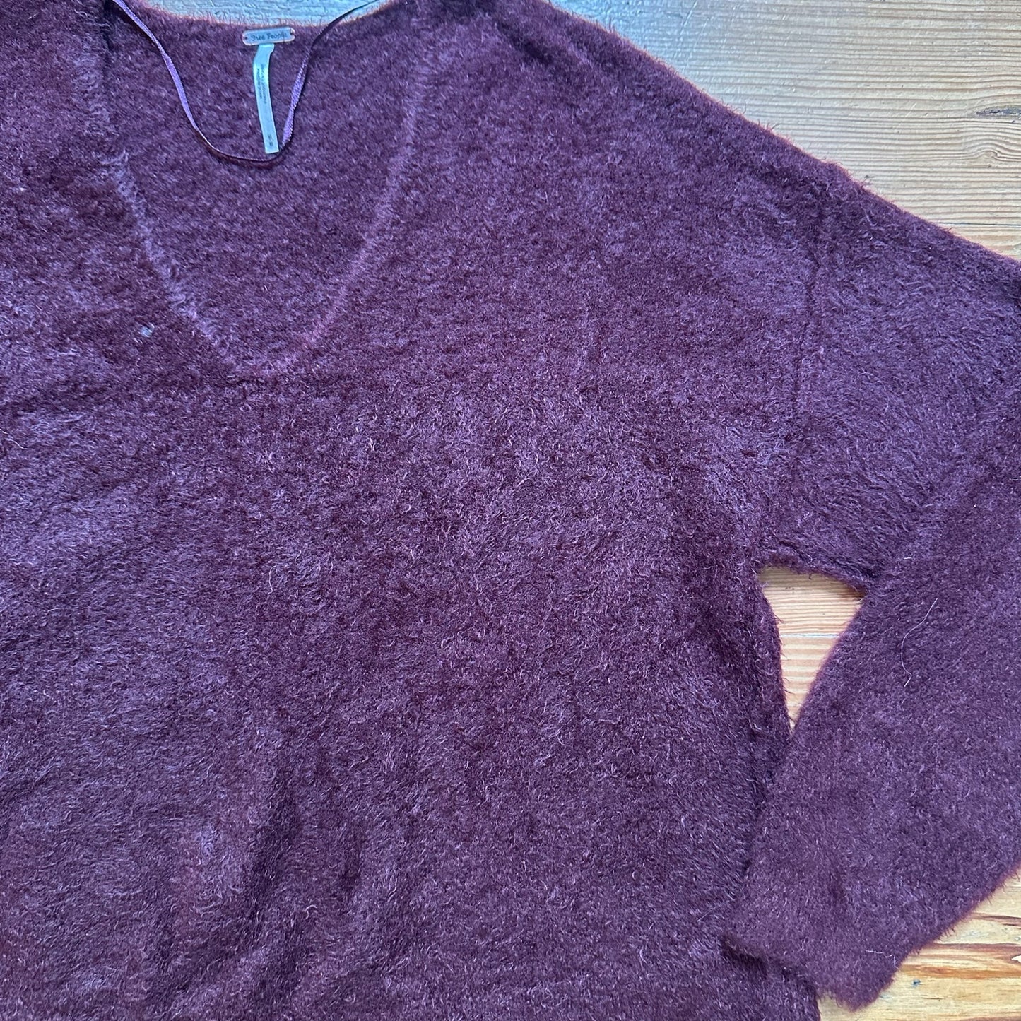 Free People dark red maroon V neck fuzzy pullover oversized sweater SIZE M