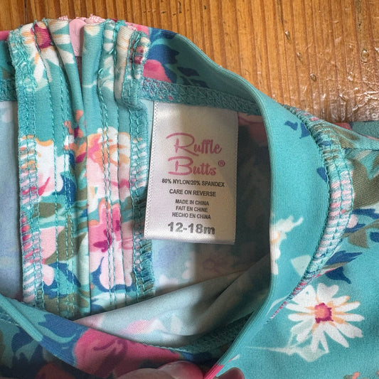 Ruffle Butts blue floral long sleeve rashguard one piece swimsuit SIZE 12-18M