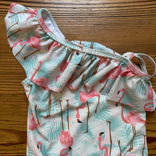 Ruffle Butts pink green flamingo ruffle one shoulder one piece swimsuit SIZE 2T