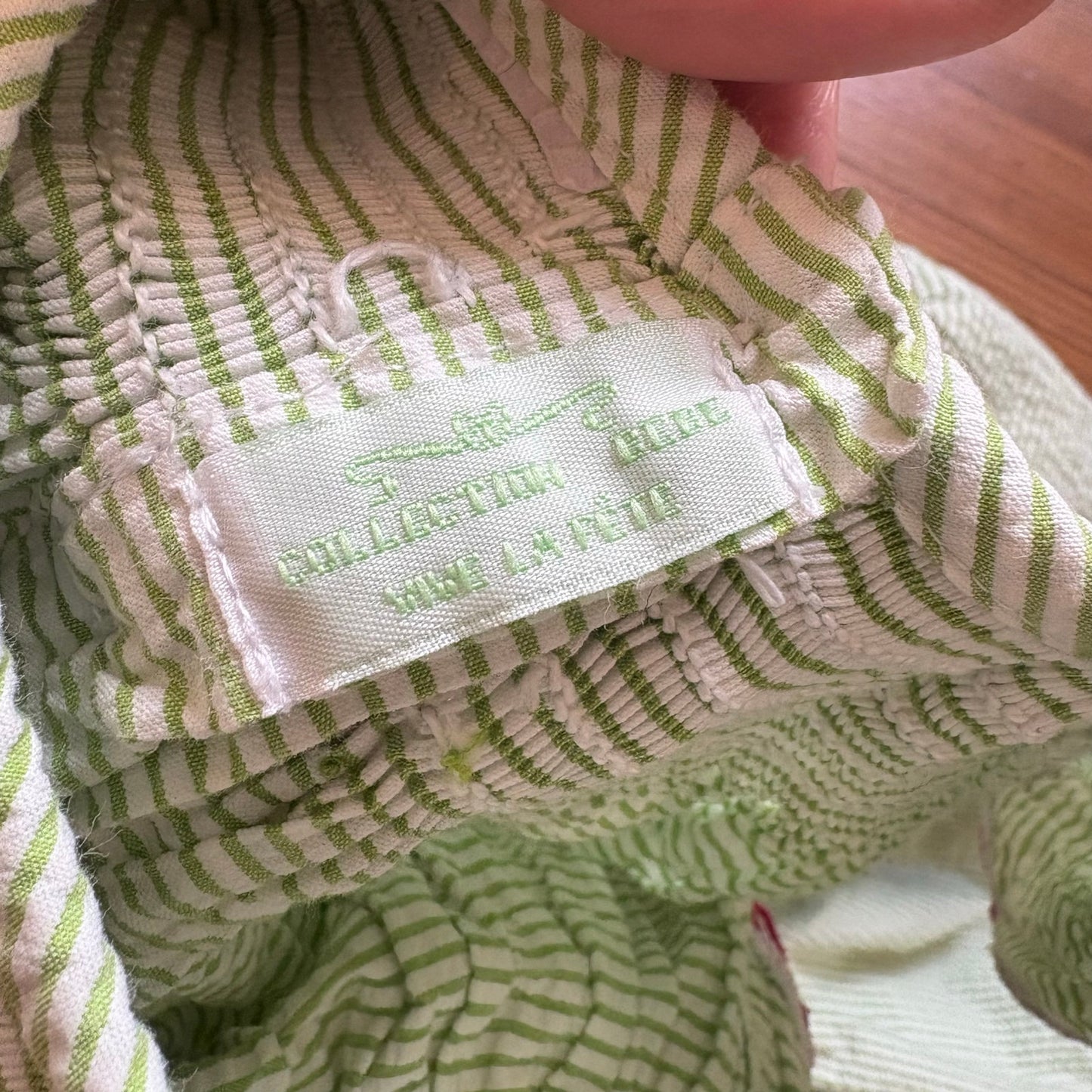 Vive La Fete green white striped seersucker bunny garden smocked dress SIZE 7