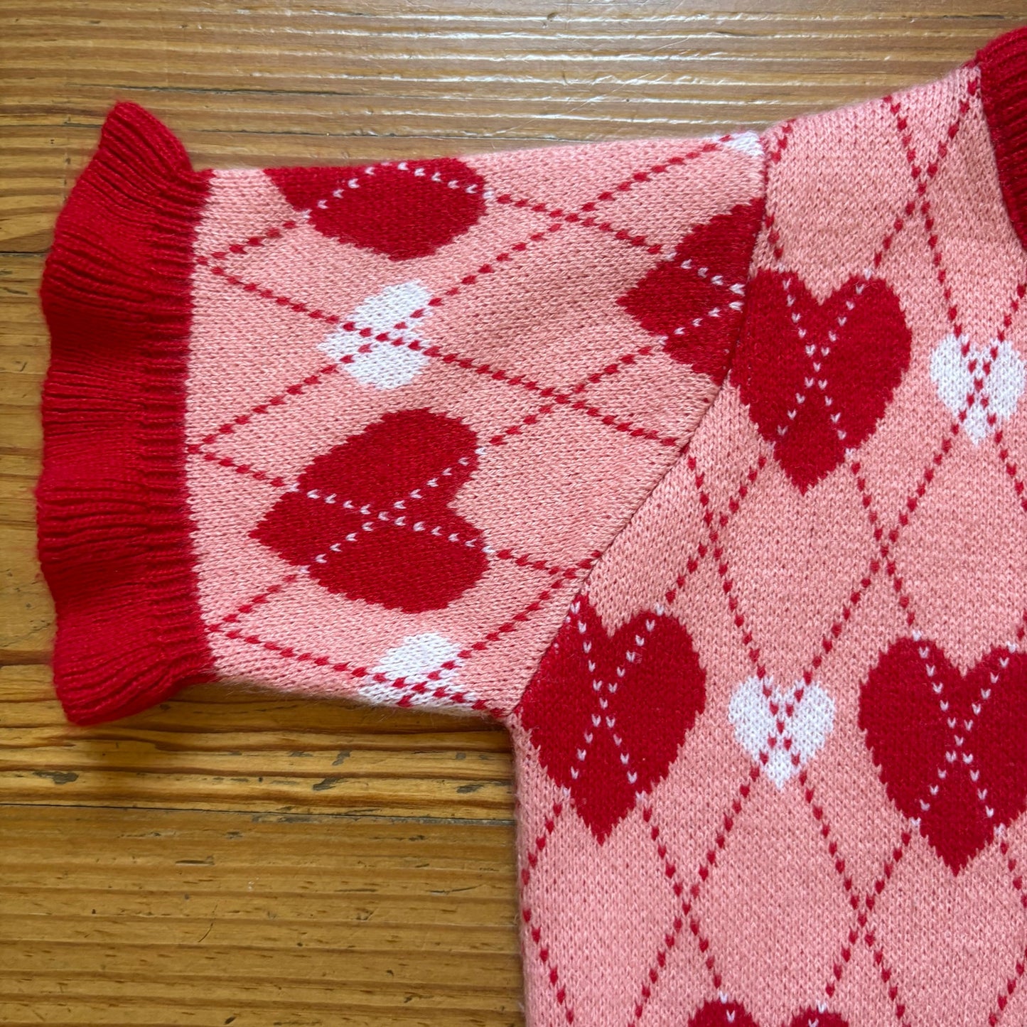 Runway red pink argyle heart knit short ruffle sleeve girls sweater SIZE 8