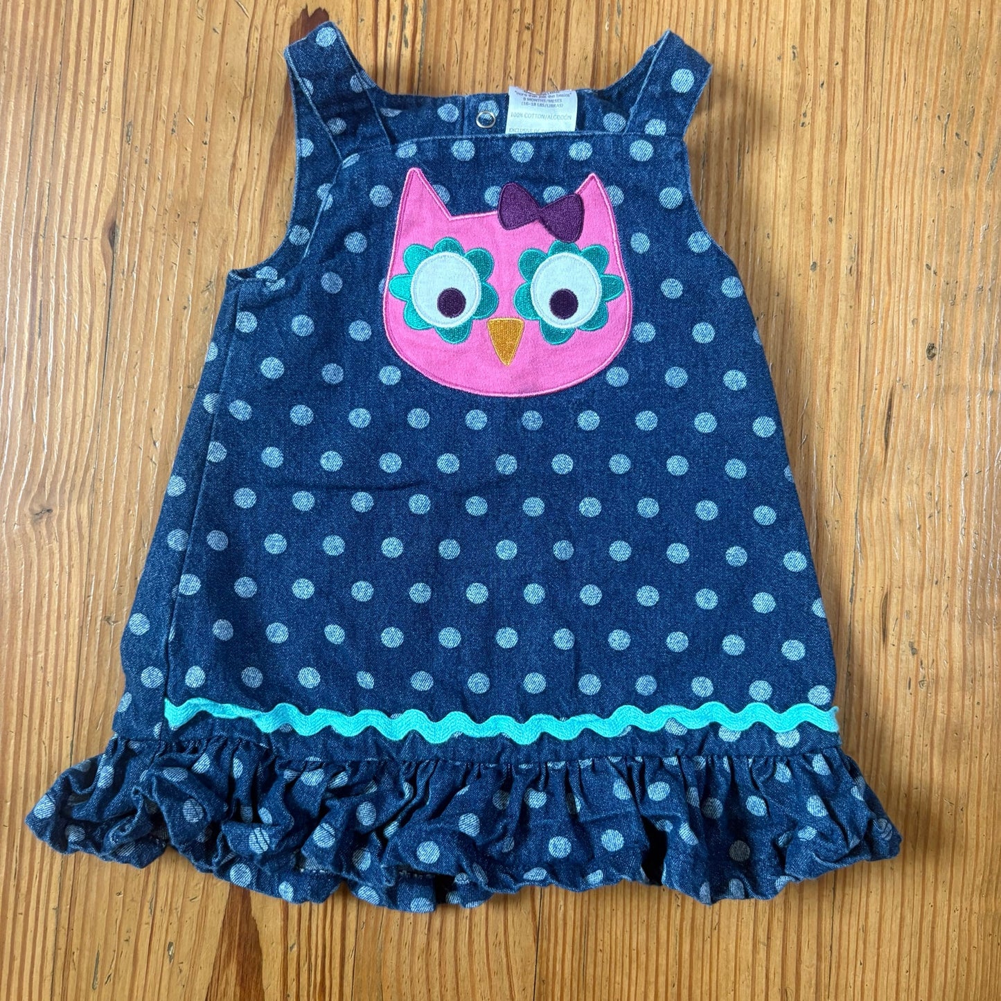 Baby Essentials 90s jean owl sleeveless ruffle bottom baby dress SIZE 9M
