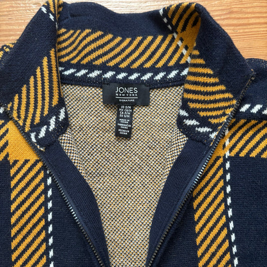 Jones New York blue yellow checkered full zip mock neck poncho sweater SIZE S/M