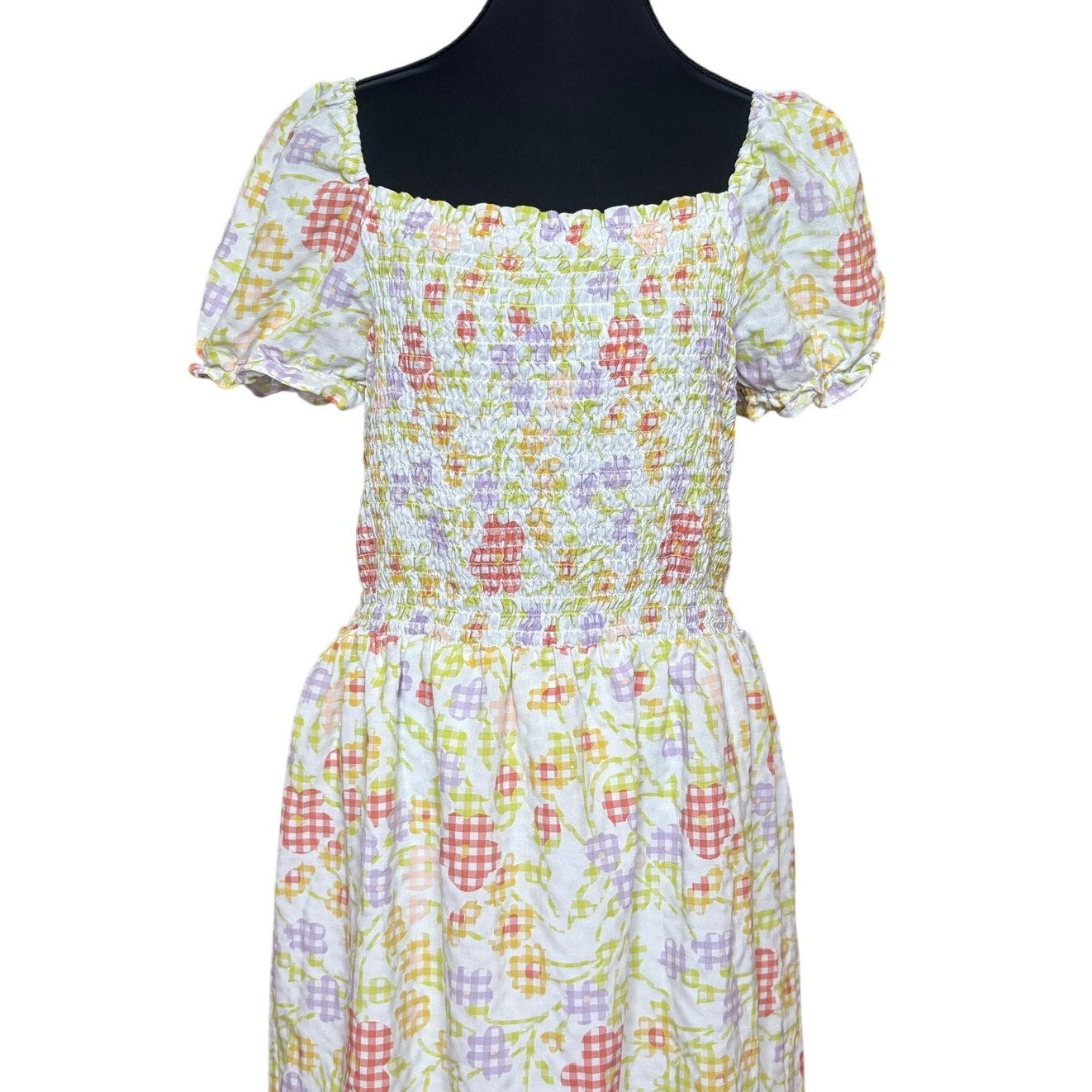 LOFT pastel floral smocked short sleeve puff sleeve midi dress SIZE L