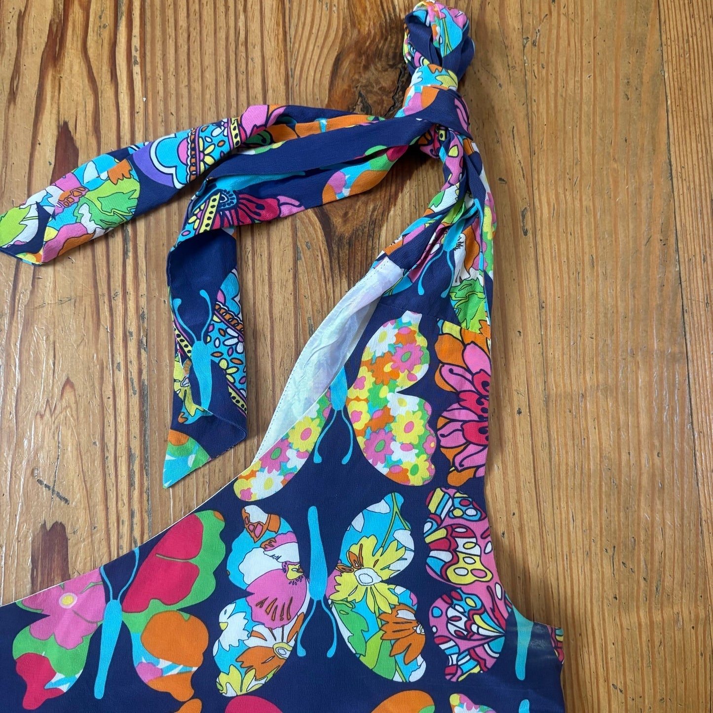 Lilly Pulitzer silk blue colorful butterflies one shoulder tie blouse SIZE 0