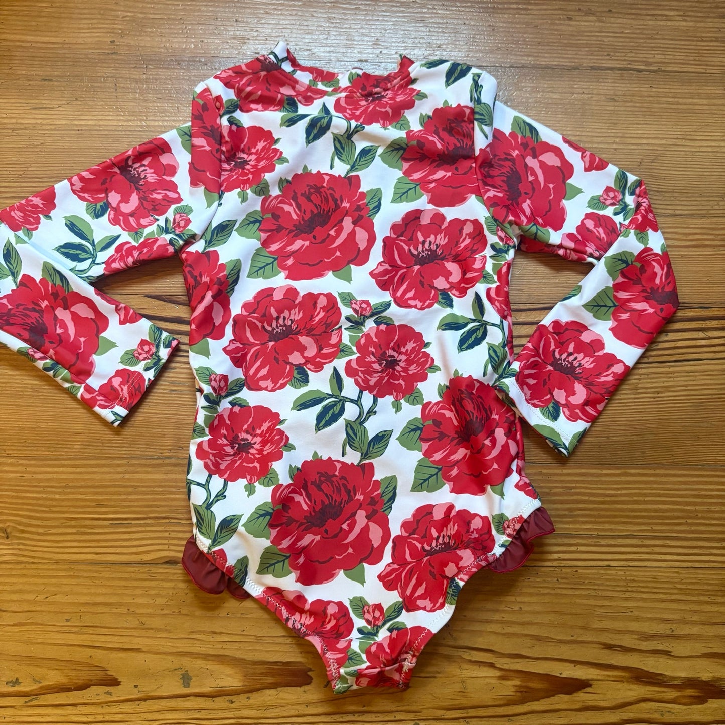 Pink Chicken red rose long sleeve rash guard girls swimsuits SIZE 7