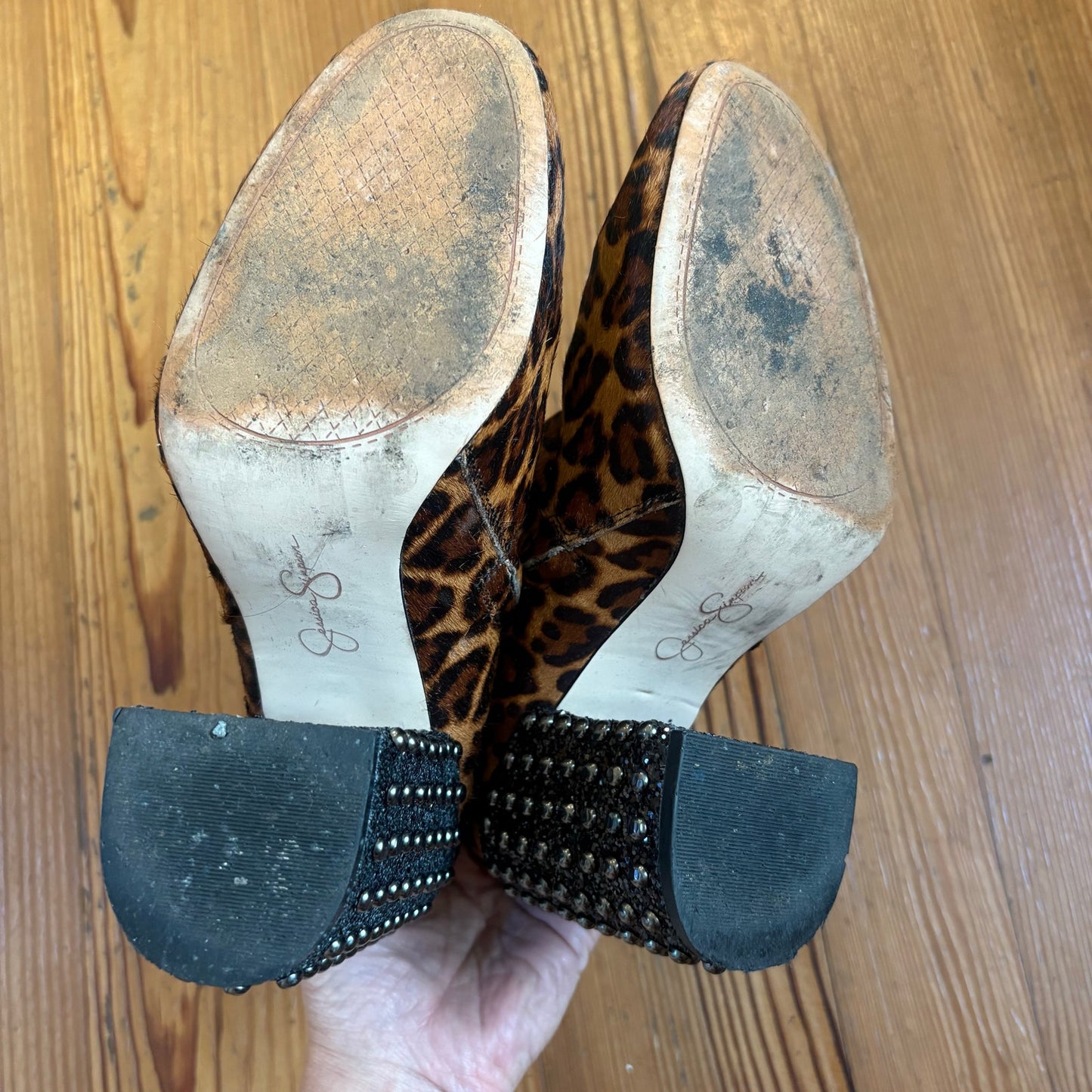 Jessica Simpson leather cheetah print studded heel booties SIZE 8.5