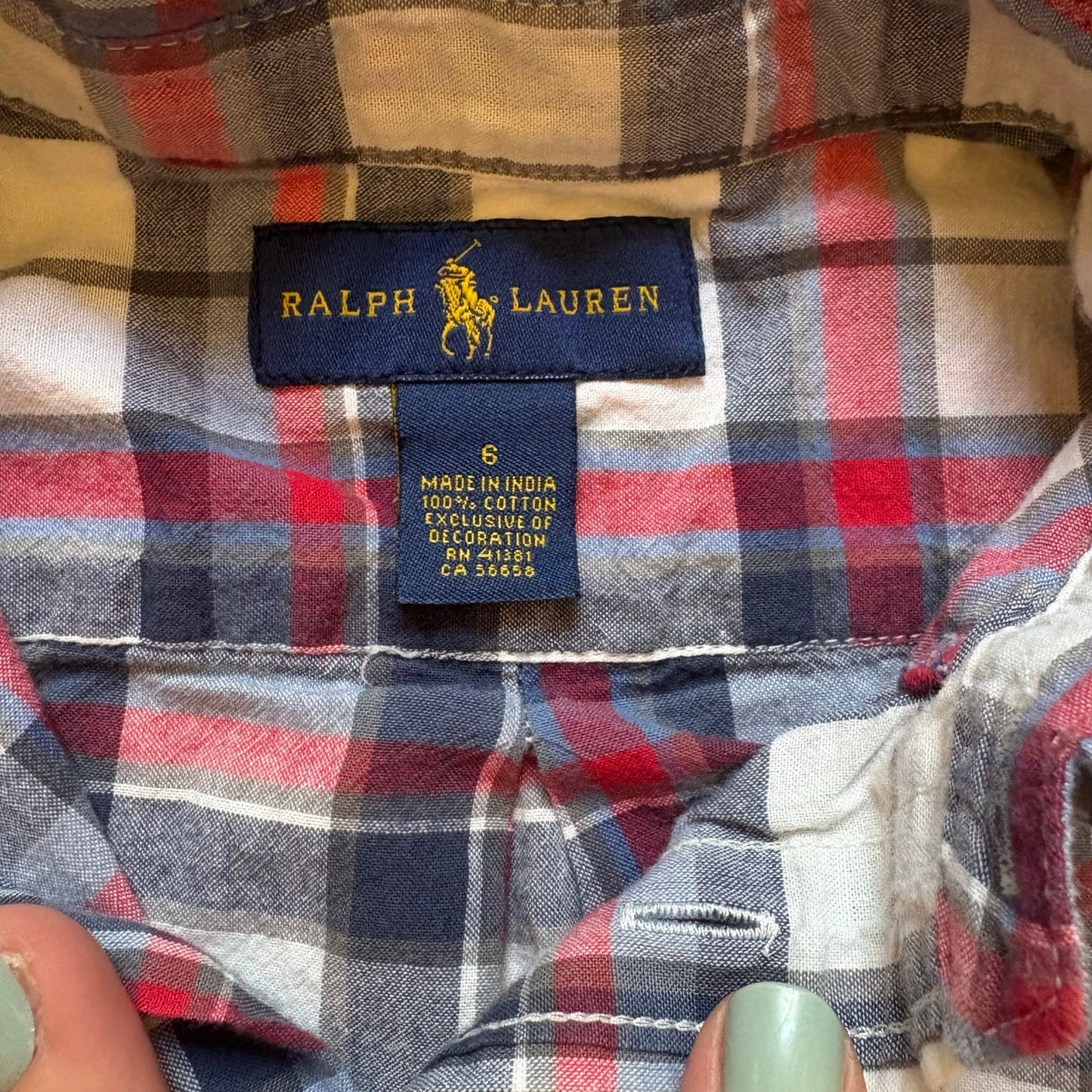 Ralph Lauren blue white red plaid short sleeve button up boys polo shirt SIZE 6