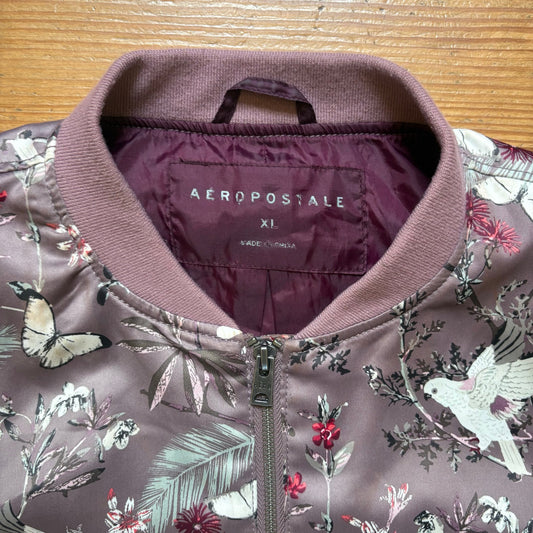 Aeropostale purple silk floral parrot full zip bomber jacket SIZE XL