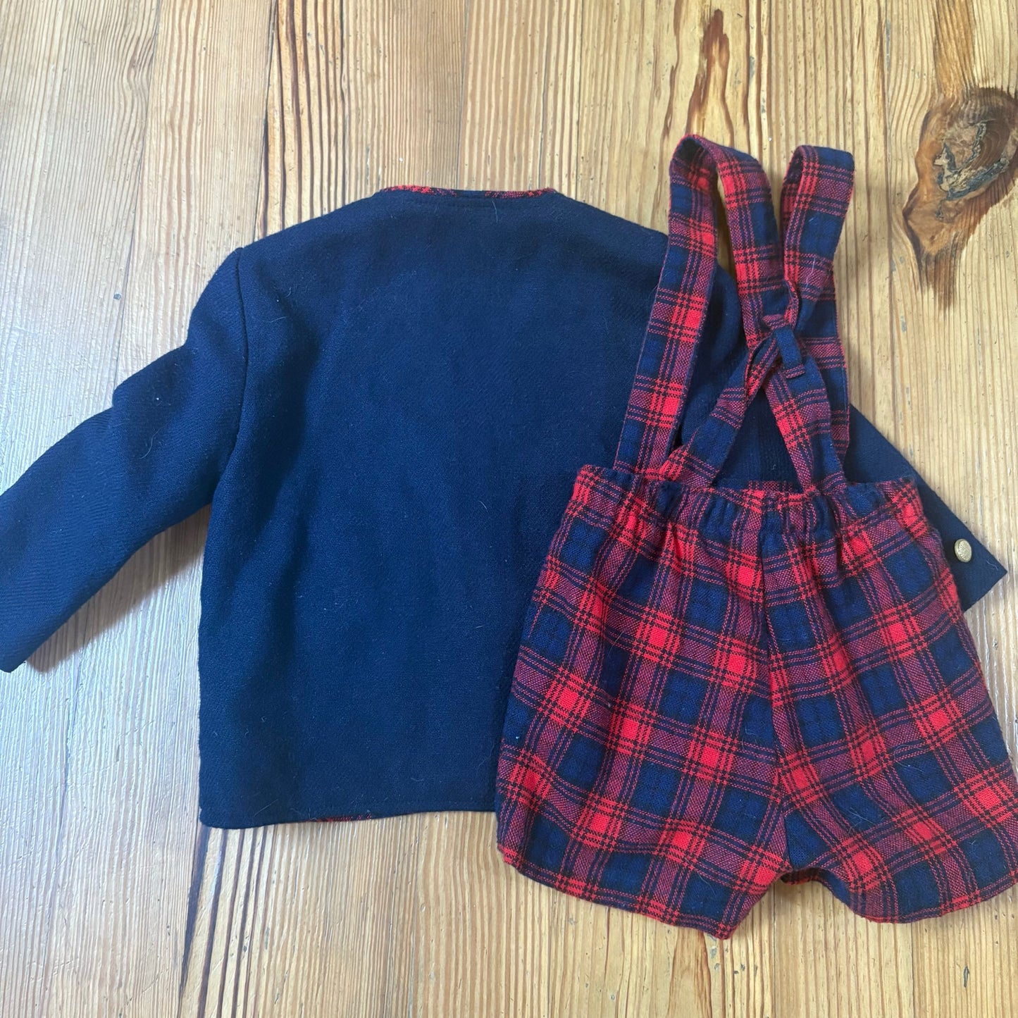 Jack Tar 90s wool blue jacket red check overall shorts boys set SIZE 2T