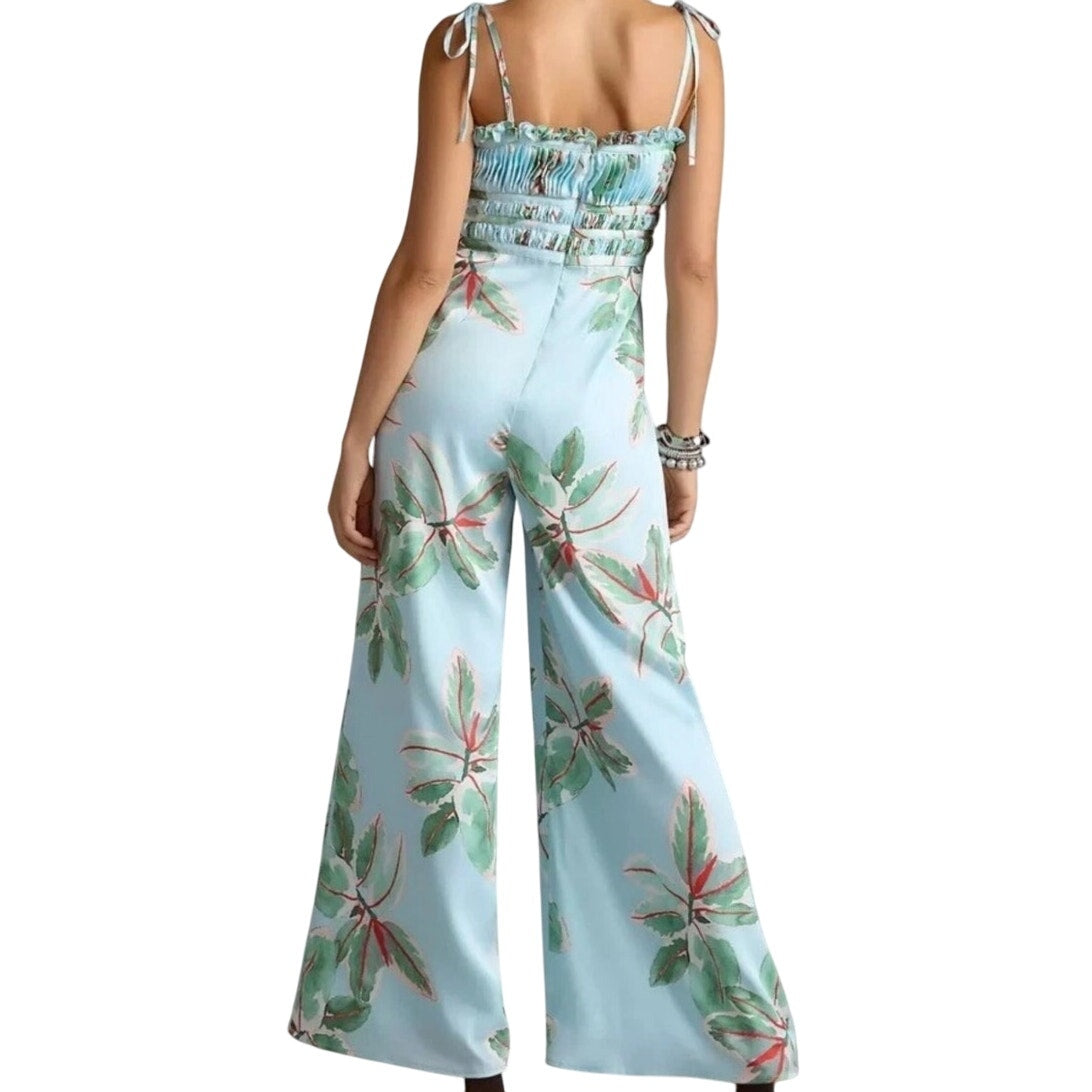 Anthropologie Hutch blue floral tropical resort ruched wide leg jumpsuit SIZE 4