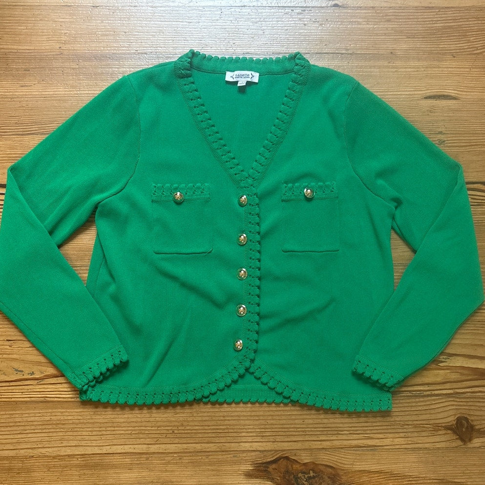 NANETTE Nanette Lepore bright green gold button cardigan sweater SIZE L