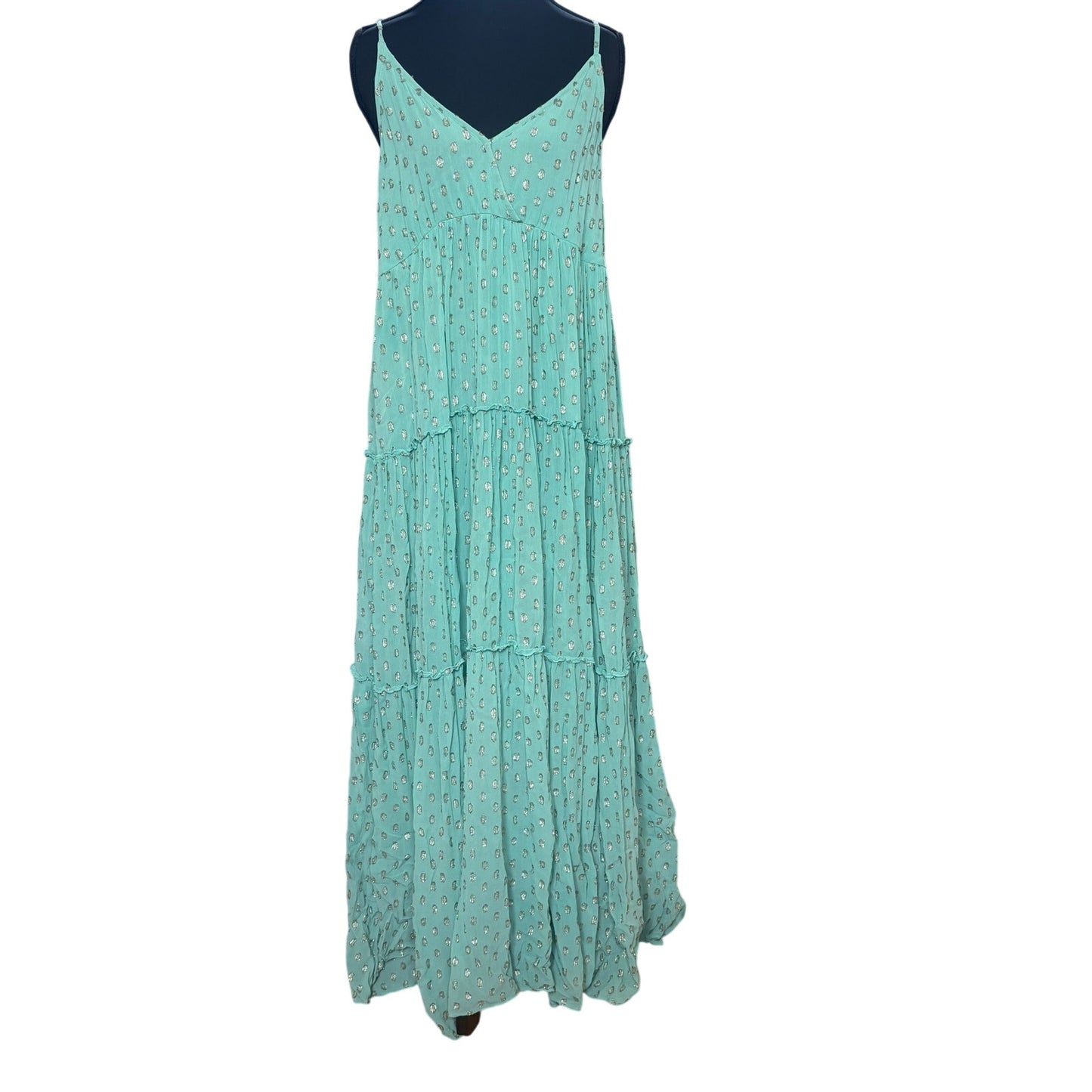 En Creme mint green gold polka dot plunge neckline maxi dress SIZE M