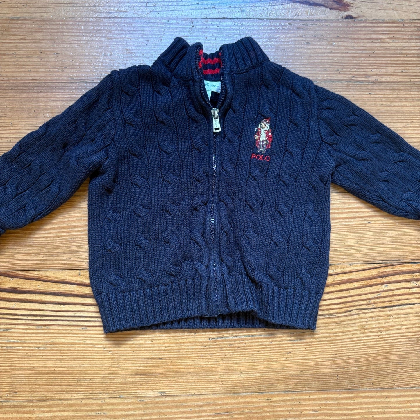 Ralph Lauren navy Polo bear full zip cable knit sweater SIZE 12M