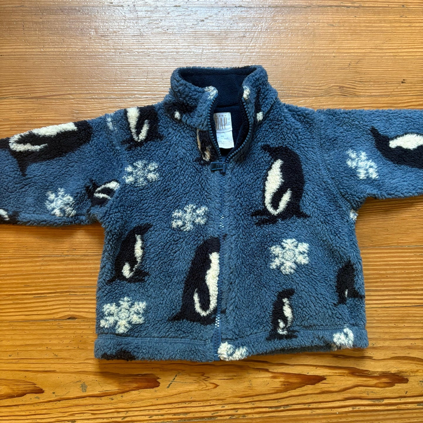 Gap vintage 90s blue penguin snowflake fleece full zip baby sweater SIZE 6-12M