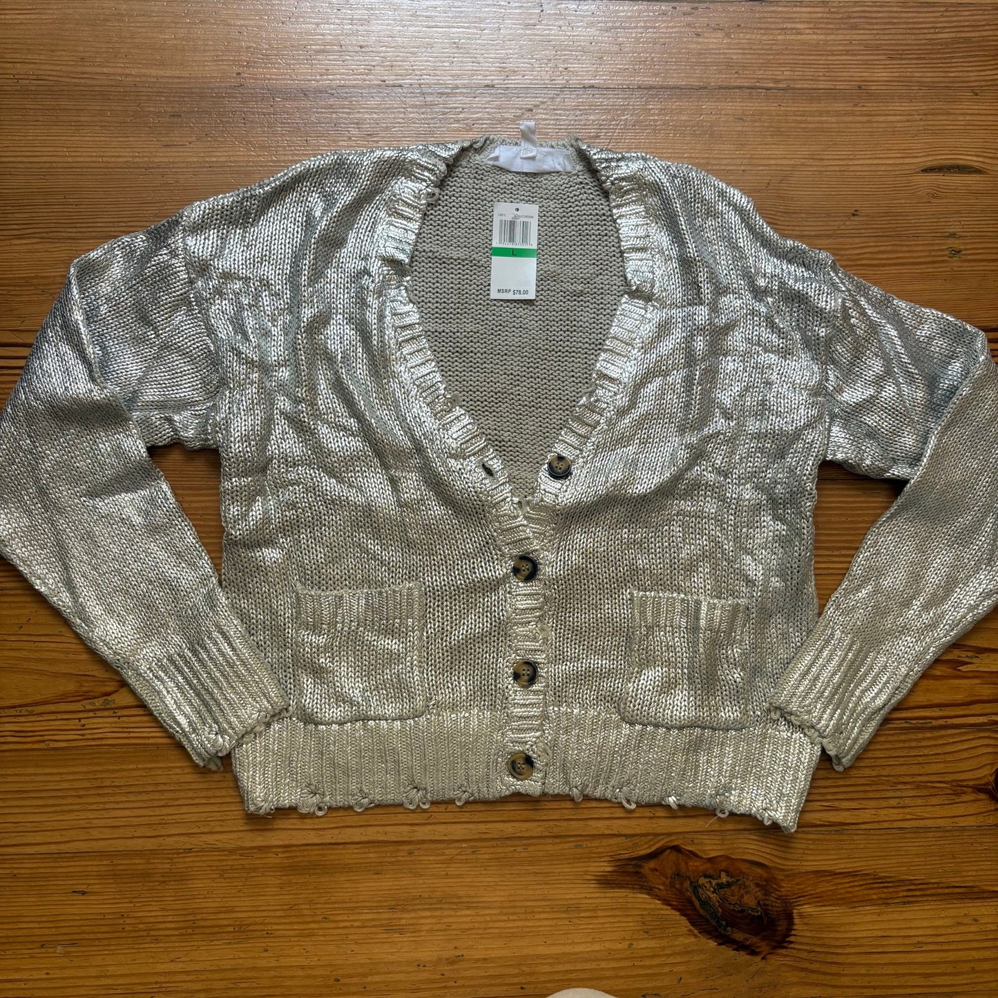 NWT Seven7 silver knit button up cardigan sweater SIZE L