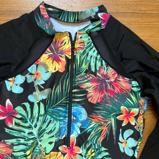 Shein black tropical floral long sleeve rashguard one piece swimsuit SIZE XL