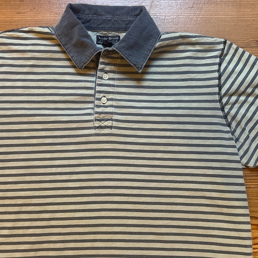 Lucky Brand 90s gray green striped denim short sleeve polo shirt SIZE XL